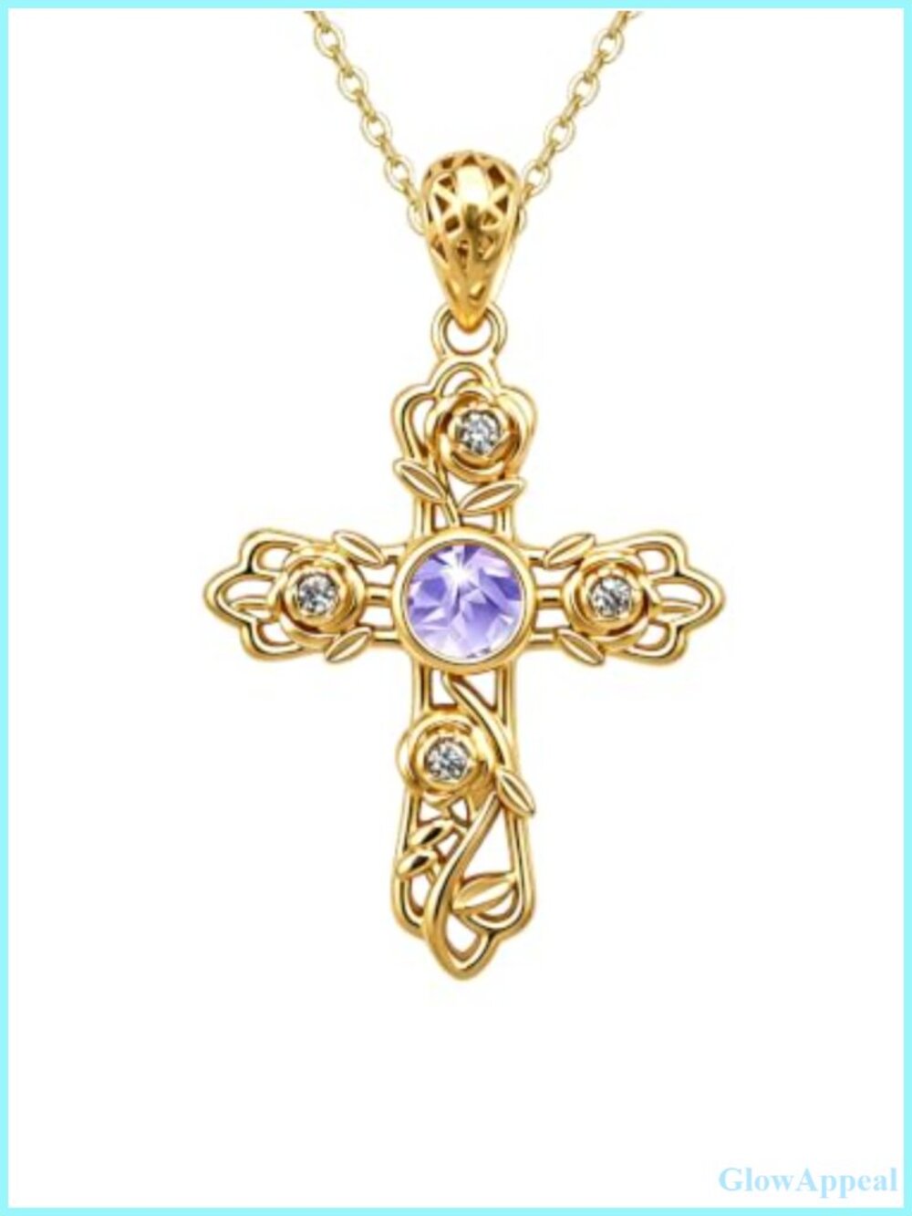 18K Gold Plated Filigree Rose Cross Pendant Necklace Cubic Zirconia Women